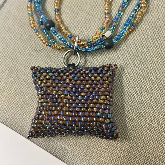 Handmade Iridescent Square Seed Bead Pouch Multi-Strand Matte Hematite Necklace - Picture 8 of 16